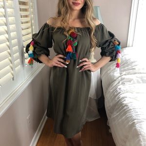 4 LEFT XS-L Boho Olive Off Shoulder Mini Dress